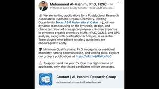 🔵 فرصة عمل  Post doc في مجال الهندسة الكيميائية - جامعة Texas A&M at Qatar