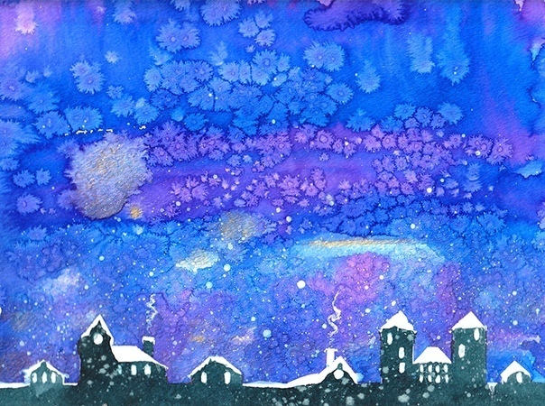 ЗИМНИЕ РИСУНКИ. РИСУЕМ ЗИМУ При изображении зимнего пейзажа, чтобы придать фону рисунка красивую текстуру, имитирующую падающий снег, посыпьте его солью, пока краска еще не высохла. Когда краска